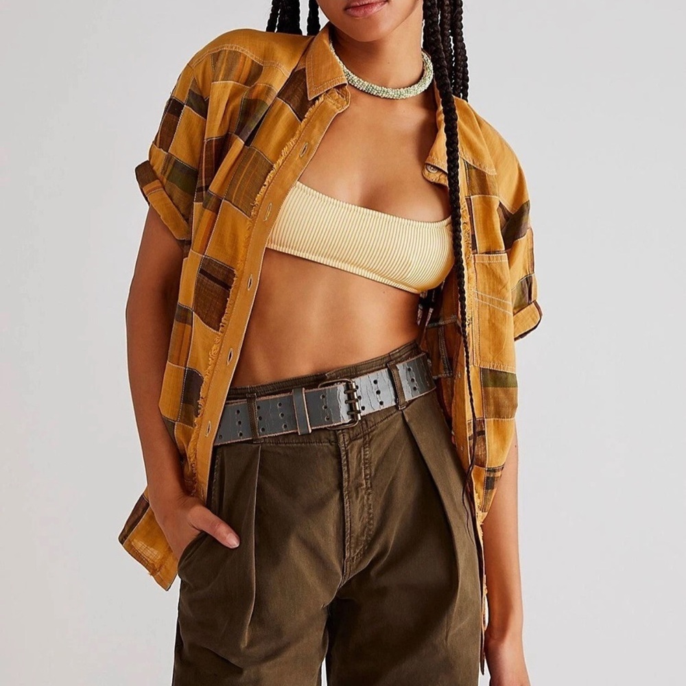 Free People Charleston Madras Check Button Up Shirt Sepia Combo
